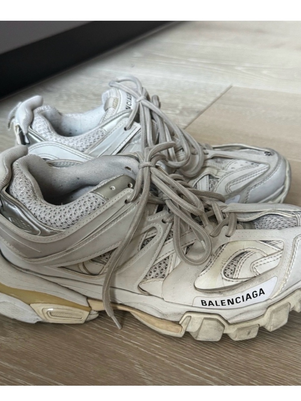 Balenciaga Women’s White and Beige Layered Track Sneakers